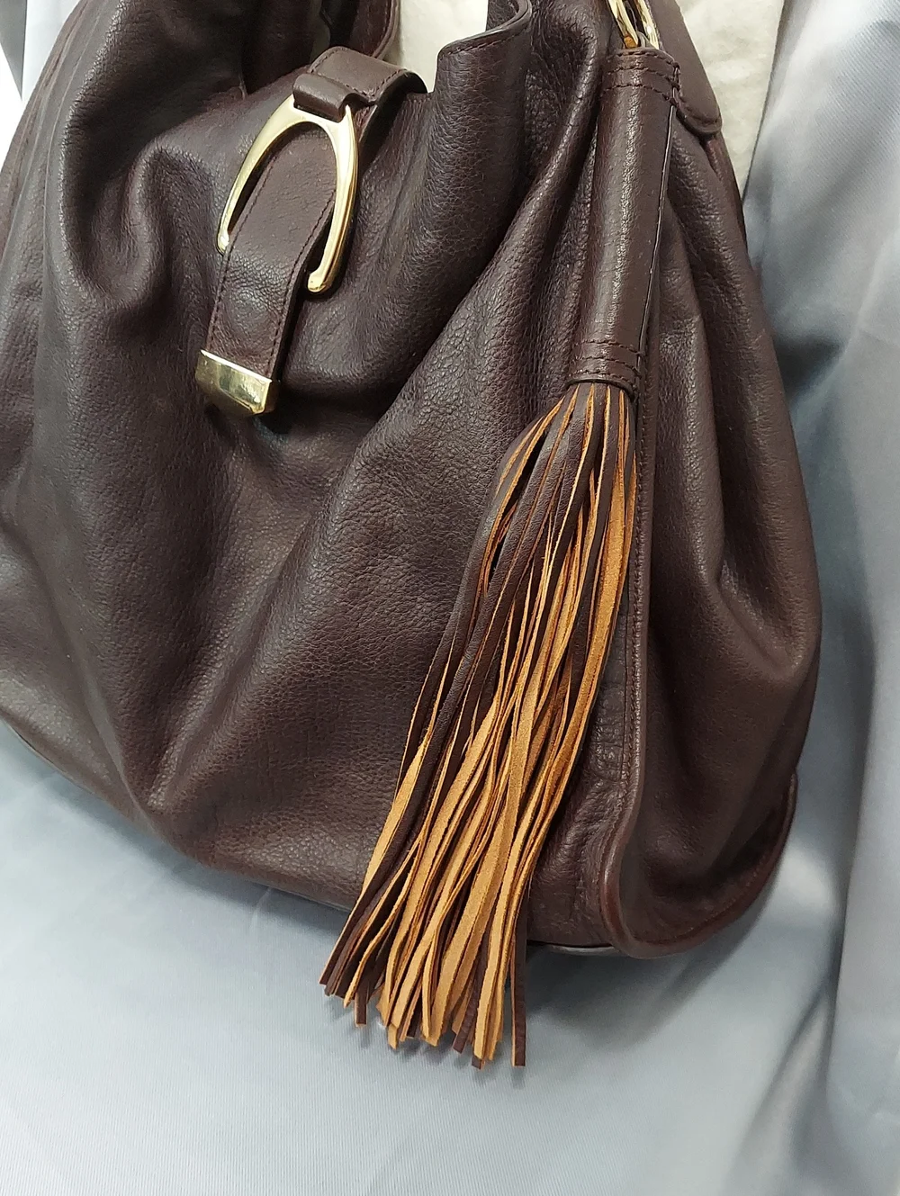 G.I.L.I. Leather Bag, Brown, Gold Stirrup Hardware, Double Handle, Tassel